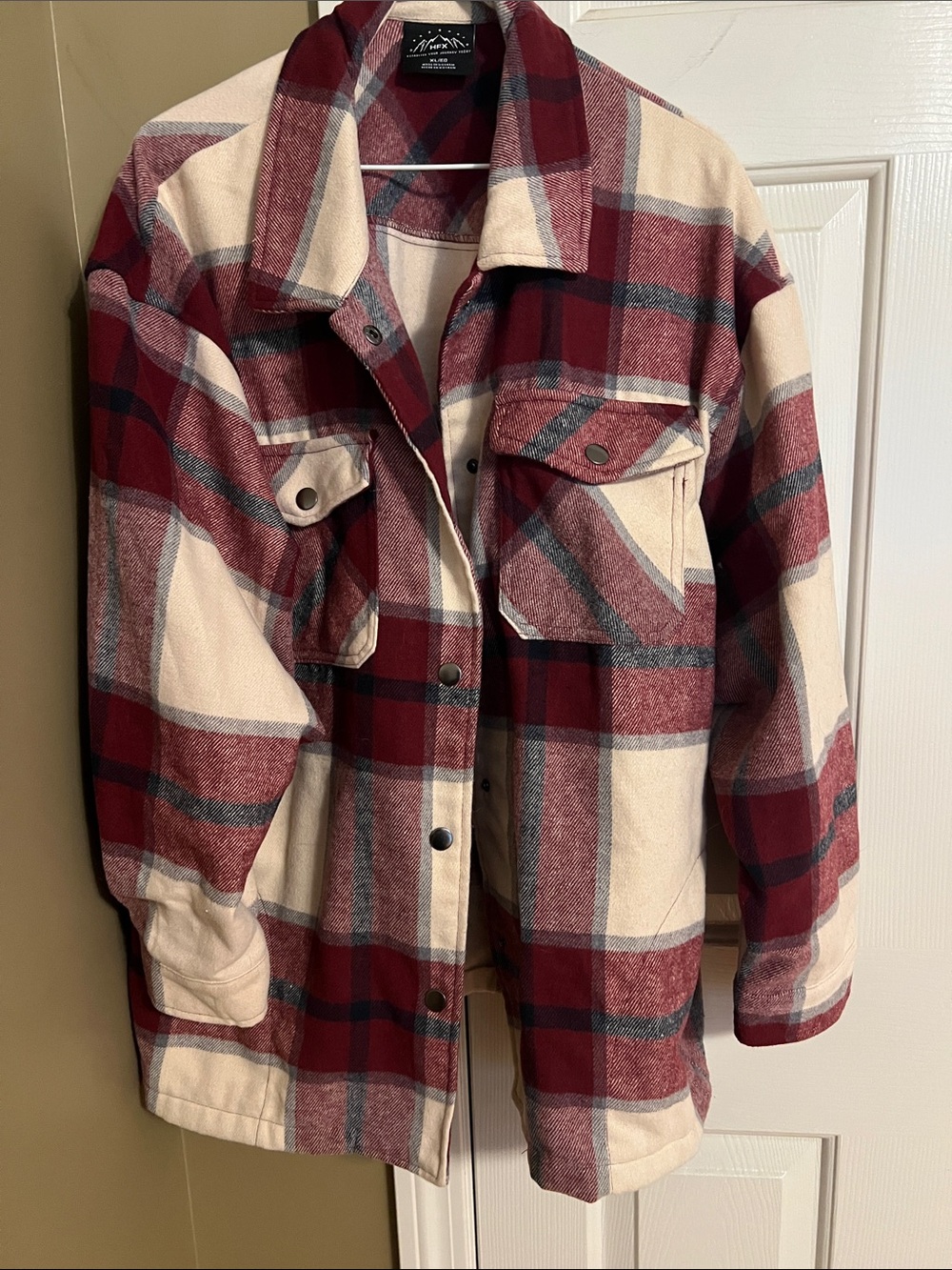Plaid Utility Shacket in Red and Cream - Arrow